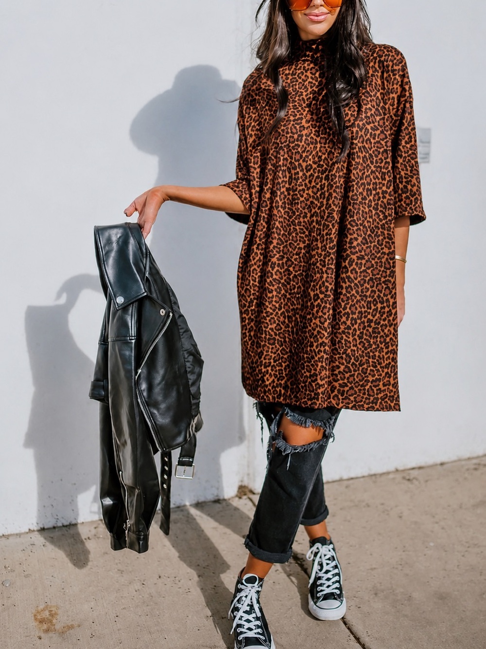 Dressed in Lala Icon Mock Neck Top Leopard Oversized Boho Stretch Slits Womens S